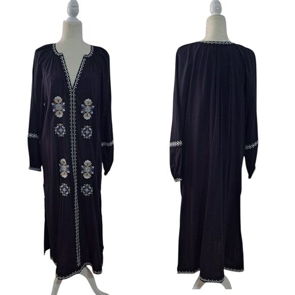 Old Navy Women's Long Sleeve Black Embroidered Boho Peasant Dress Travel Sz L - Picture 3 of 9